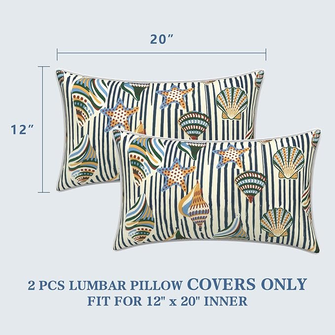 LVTXIII 2 Pack Outdoor Lumbar Pillow Covers 12x20 Inch with Piping, Water-Repellent Back Cushion Covers ONLY for Patio Furniture, Sofa, Garden Bench, Cabana Shells