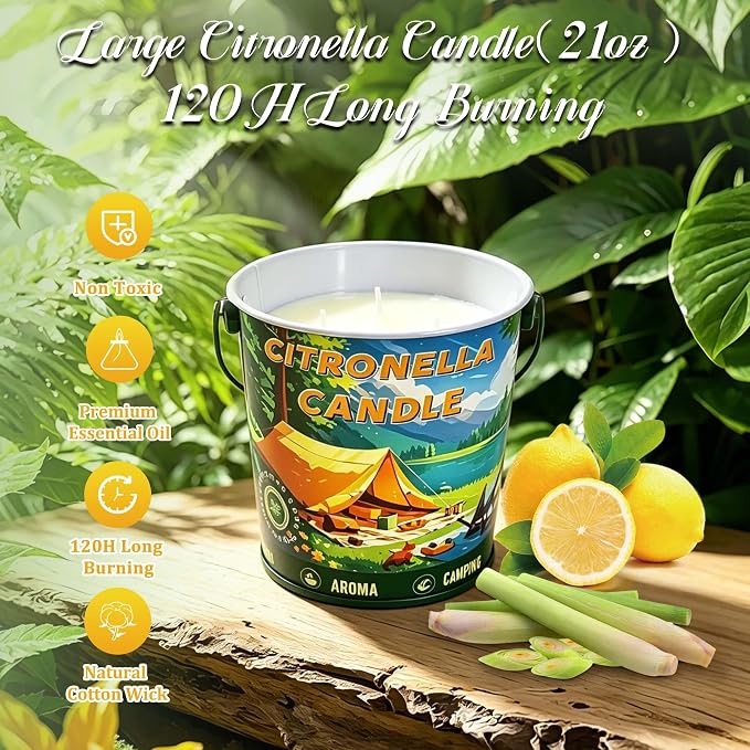 Large Soy Citronella Candles Outdoor, 21.2oz 120H Citronella Candles, Non Toxic Outdoor Candle for Patio & Camping, Natural Lemongrass Summer Candle Outside Gifts for Home Scented