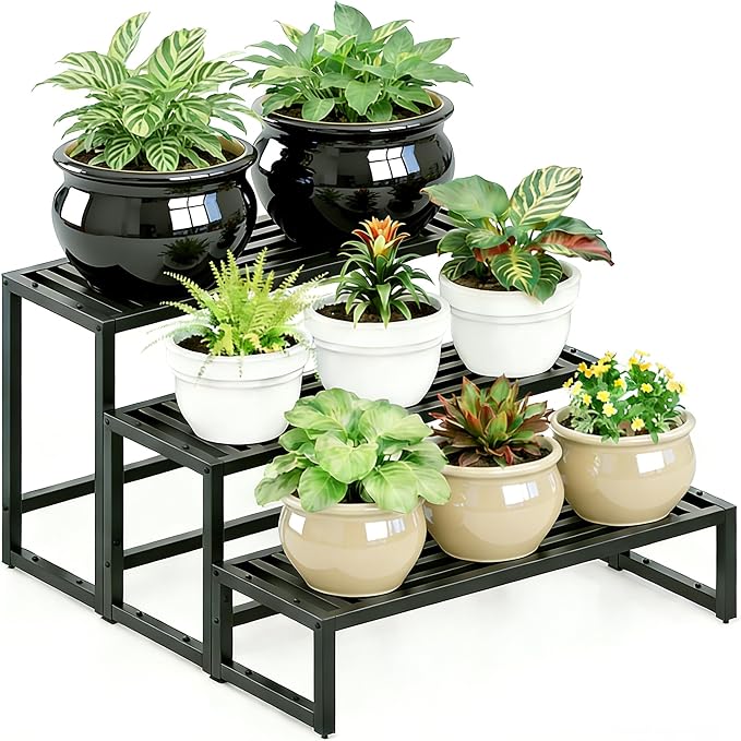 Plant Stand Indoor Outdoor,3 Tier Ladder Metal Plant Stands Riser,Heavy Duty Wrought Iron Plant Shelves for Multi Large Pots,Black Tiered Flower Display Holder for Living Room,Patio,2-Pack