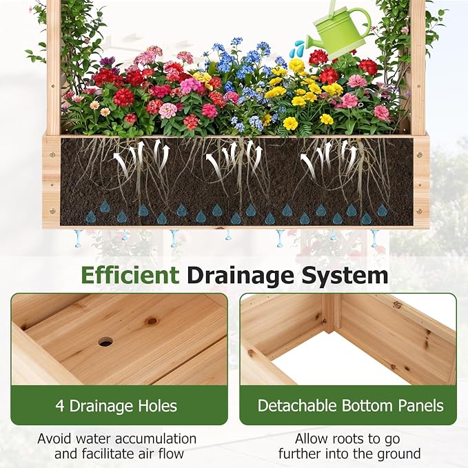 HAPPYGRILL 89" Raised Garden Bed with Trellis & Hanging Roof, Wooden Planter Box with 4 Drainage Holes, Outdoor Wood Elevated Garden Bed for Climbing Plants Vines Vegetables Flowers (Natural,1)
