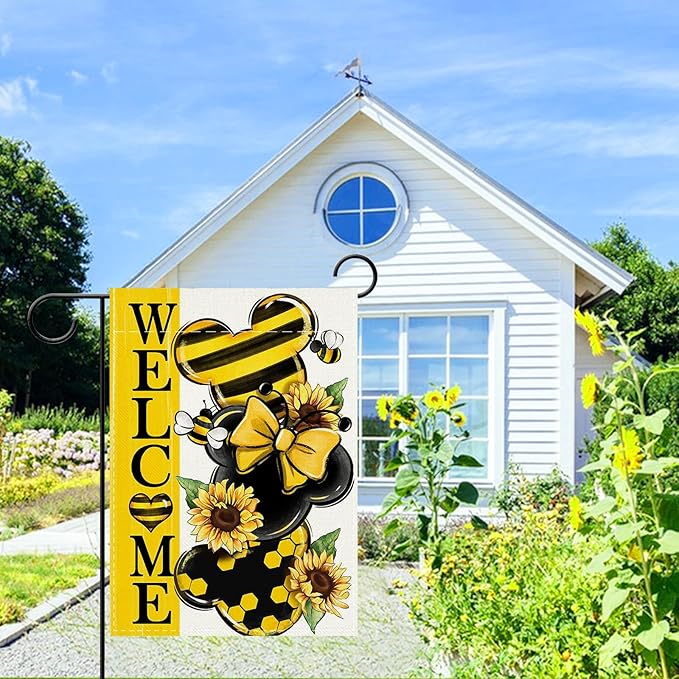Welcome Spring Decorative Garden Flag, Yellow Sunflower Honey Bumble Bee Yard Outside Decorations, Seasonal Burlap Outdoor Small Home Decor Double Sided 12 x 18