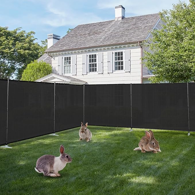 E&K 6'x52' Outdoor Privacy Screen Fence Panel Freestanding Backyard Patio Privacy Pool Fencing Temporary Garden Dog Fence with Iron Poles and Rails (Black)