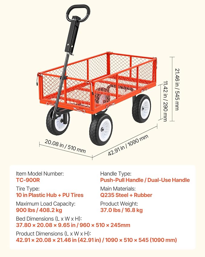 VEVOR 900 LBS Steel Garden Cart, 2 in 1 Handle, Heavy Duty Pullable Garden Wagon with 10" Flat-Free Tires, Outdoor Utility Yard Wagon Cart with Detachable Side Panels, Attach to ATV or Tractor, Red