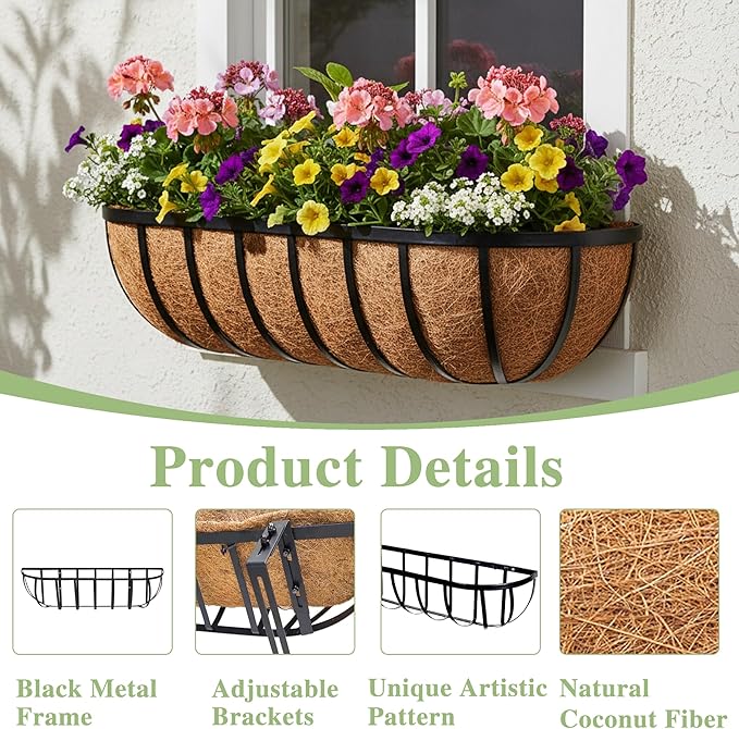 EIMQUVW 30 Inch Railing Planter Window Box Deck Balcony Rail Planter with Coco Liner Metal Wall-Mounted Coconut Liner Basket English Horse Trough for Outdoor Balcony Porch Fence Patio (2 Pack)