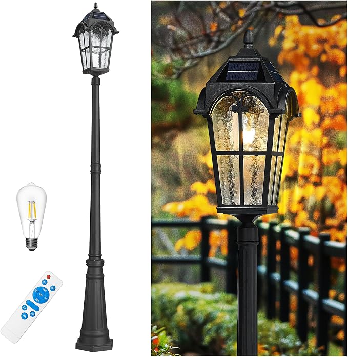 Emliviar 85.4" Black Solar Powered Street Light Fixture for Pathway with Remote Control, Dusk to Dawn Waterproof Pole Lamp with LED Bulb, Post Lighting with Water Grain Glass Shade, YXE302MPL-SL BK