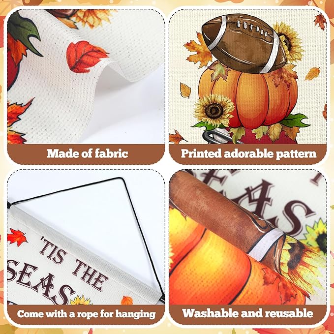 Tegeme 3 Pcs Fall Football Decorations Door Sign Flag Football Pumpkin Door Banner 12 x 20 Inch Autumn Welcome Hanging Banner Seasonal Holiday Flags Decoration for Outdoor Thanksgiving Party