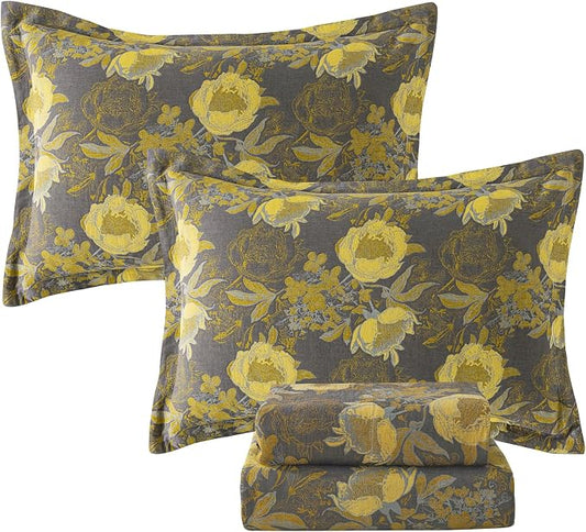 FADFAY Floral Sheets Set Queen Vintage Grey Yellow Floral Bedding Shabby Peony Farmhouse Bedding Super Soft Washed Double -Layer Muslin Sheets 100% Cotton Deep Pocket Fitted Sheet 4Pcs, Queen Size