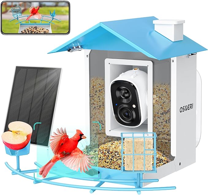 Osoeri Bird Feeder with Camera, Smart Bird Feeder Camera with AI Identify, Metal Bird Feeder with Suet Cage & Fruit Fork, Auto Capture Videos & Motion Detection, Ideal Gift for Bi rd Lovers