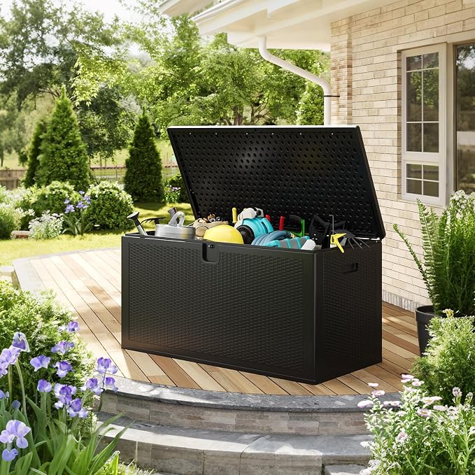 150 Gallon Large Outdoor Storage Box - Waterproof Resin Deck Box with Lockable Lid & Gas Struts, All-Weather Patio Storage Bench for Cushions, Pool Toys, Garden Tools, Rattan Texture, Black