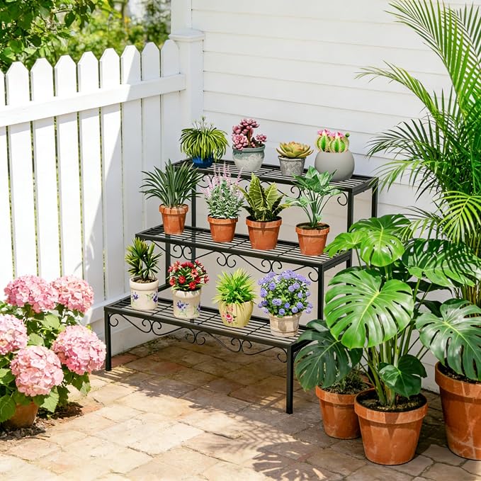 Plant Pot Stand Shelf, 3 Tier Flower Ladder Display Rack, Metal Succulent Plants Storage Holder for Outdoor and Indoor, Black