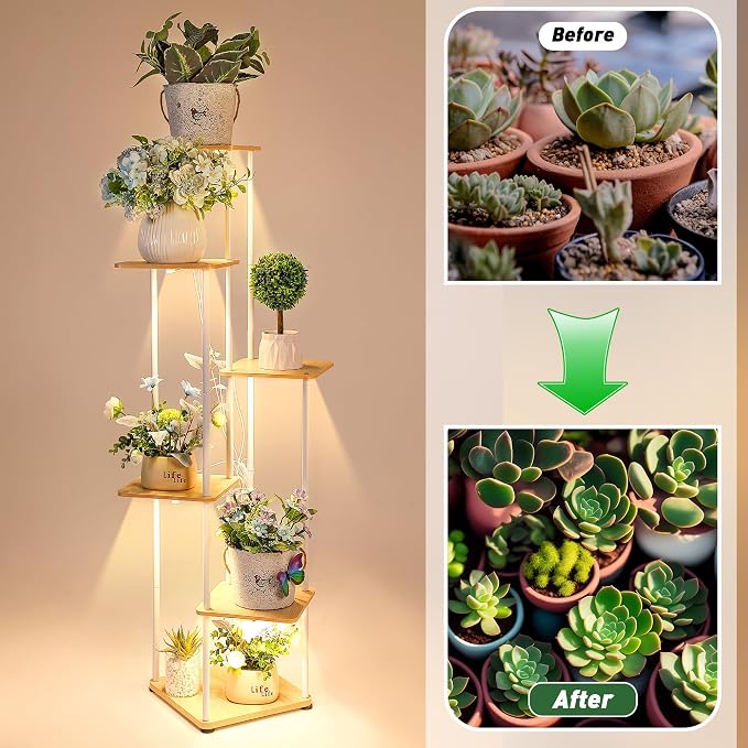 Dreyoo Plant Stand with Grow Light Indoor, 6 Tier 6 Potted Sturdy Metal Plant Shelf, Multiple Plant Holder Tall Plant Ladder for Display Plant Flower Corner Living Room Office (White, Wood Color)