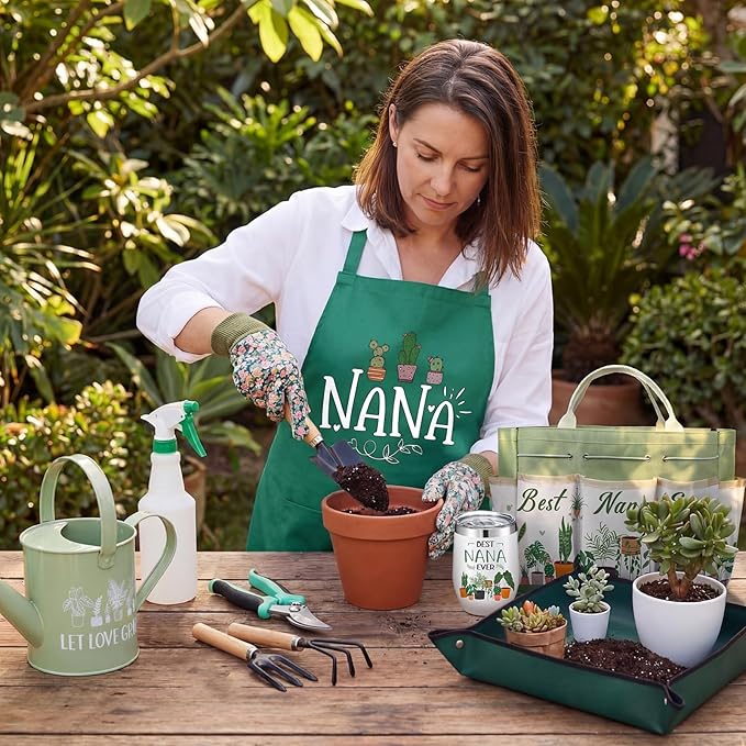 Reginary 11 Pcs Nana Gardening Gifts Mom Watering Can Set Include Garden Tool Garden Tools Tote Trigger Sprayer Soil Mat Apron Tumbler Pruning Shears Glove for Women Plant Enthusiast Present