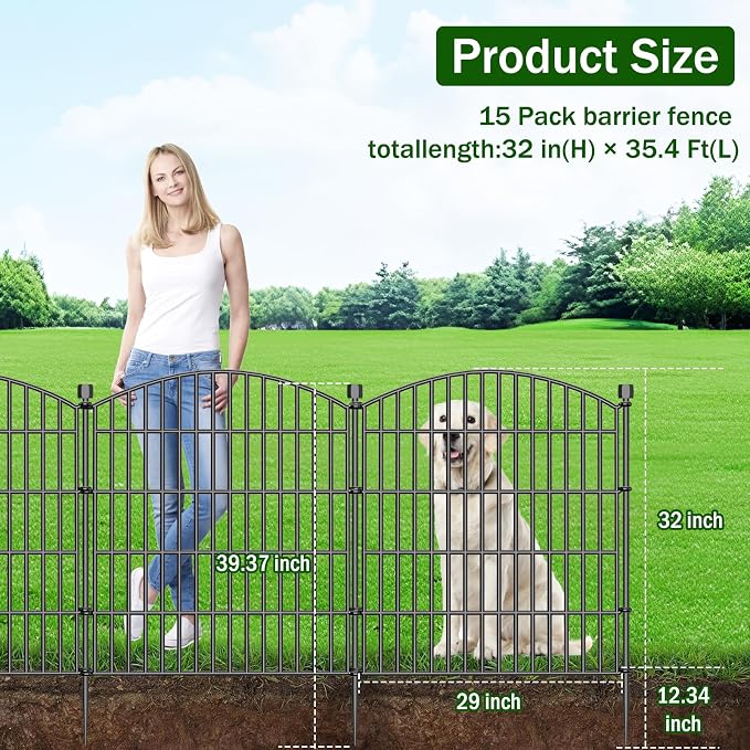 15 Panels Decorative Garden Fence with Gate - 32 in (H) x 35.4 ft (L) No Dig Dog Fence Outdoor for Yard, Rustproof Tall Garden Fencecing Panels, Animal Barrier Suitable for Yard Border, Patio