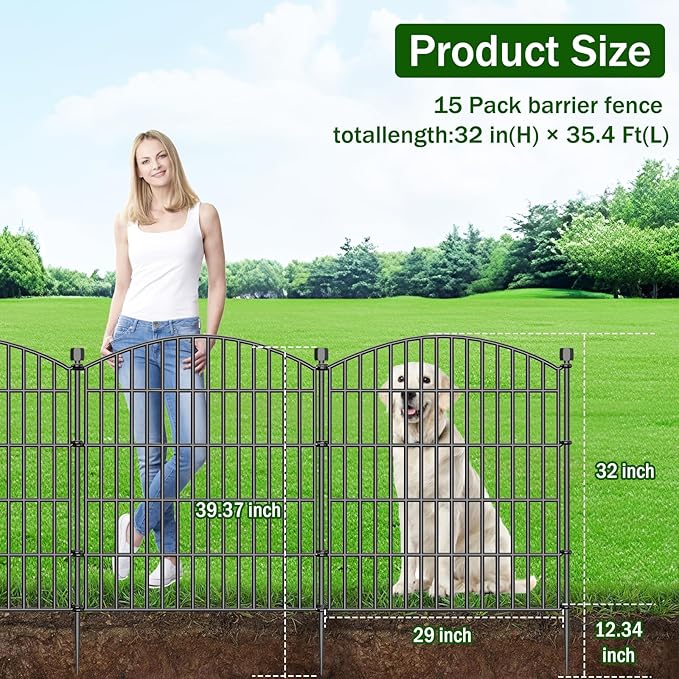 15 Panels Decorative Garden Fence - 32 in (H) x 35.4 ft (L) No Dig Dog Fence Outdoor for Yard, Rustproof Tall Garden Fencecing Panels, Animal Barrier Suitable for Yard Border, Patio, and Outdoor Use