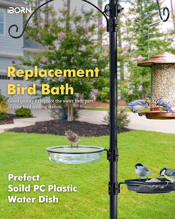 iBorn Bird Feeders Station Water Tray and Ring for 1” Pole Stand Station Outdoor Accessory for Humming Bird Feeders for Outside,5SECOND to Install,Fit for 1 Inch Pole,1 Inch Wooden Stick,1 Set