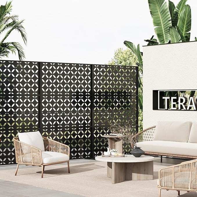72" h × 47" w Outdoor Privacy Screen, Laser Cut Metal Garden Divider Panel with Tropical Leaf Design, Freestanding Weatherproof Privacy Fence for Patio Deck Backyard Balcony