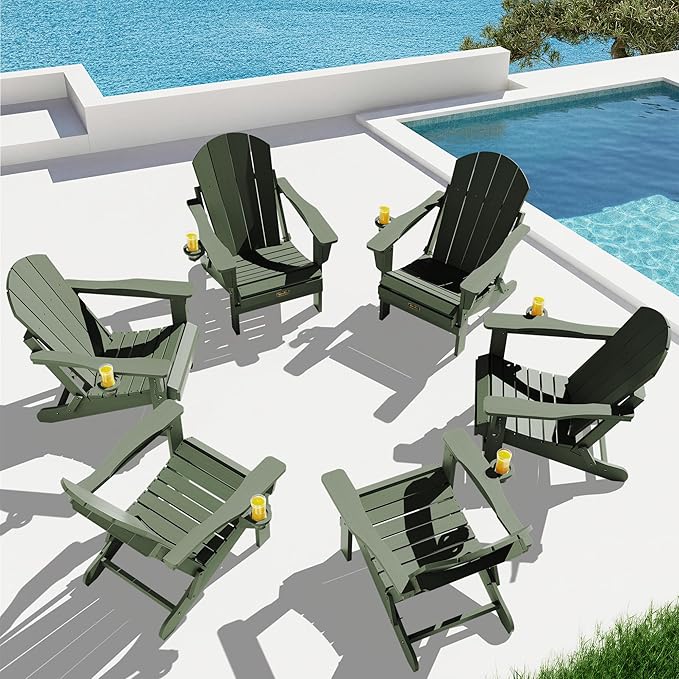 SERWALL Adirondack Chair Set of 6, Weather Resistant HIPS Lawn Chairs with Cup Holder for Patio Garden Outdoors Fire Pit- Army