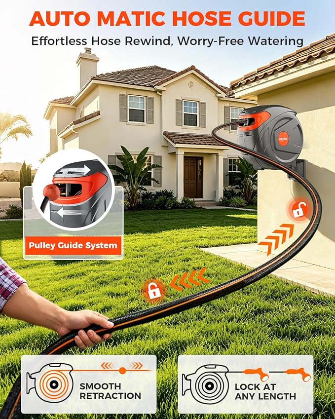 100FT Retractable Garden Hose Reel 1/2 Inch with 9-Pattern Nozzle - Automatic Slow Return & Any Length Lock, Wall Mounted Heavy Duty Hose Reels for Outside, 180° Swivel UV Resistant