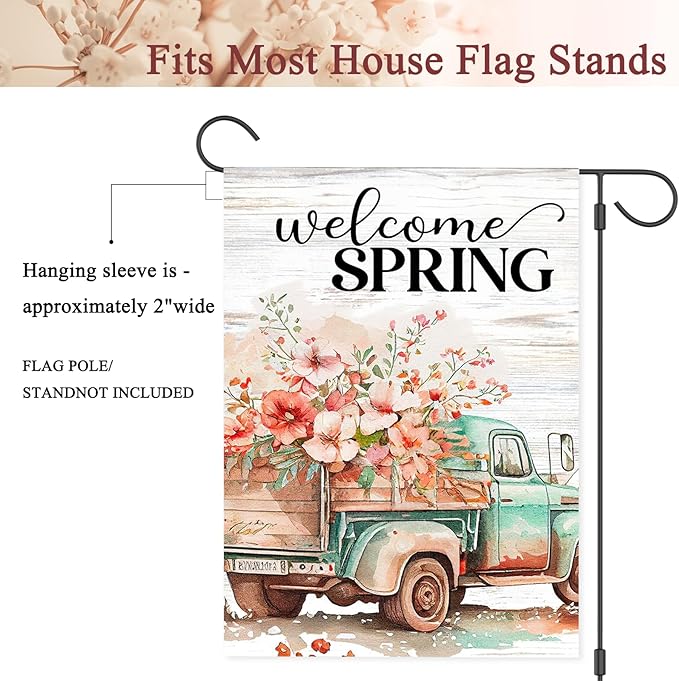 Spring Garden Flags 12"x18" Double Sided Welcome Spring Floral Truck, Burlap Spring Yard Flag for Outdoor Garden Porch Decor