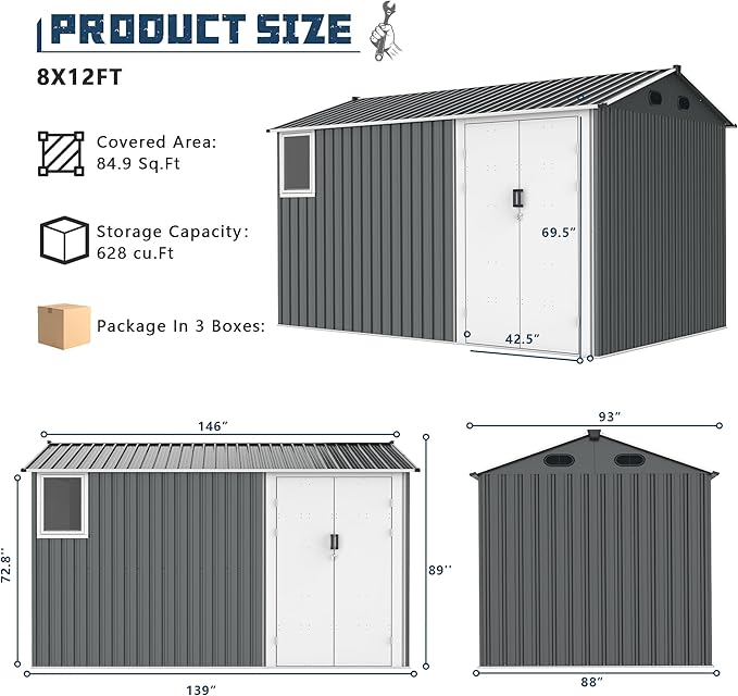 YOPTO 8x12 Ft Outdoor Storage Shed with Floor Frame and Window,Large Metal Utility Tool House W/Double Hinged Door & 4 Air Vents,All Weather Waterproof Garden Sheds for Backyard,Patio,Lawn,Dark Gray