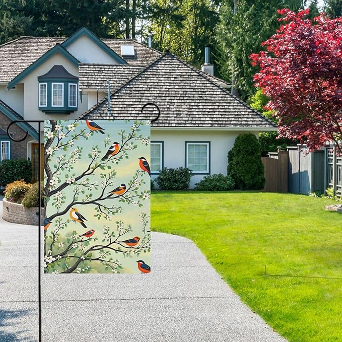 Spring Flower Birds House Flag 28x40 Inch Double Sided Outside Cherry Blossoms Tree Seasonal Yard Outdoor Flag Banner for Garden Lawn Patio Holiday Decorations
