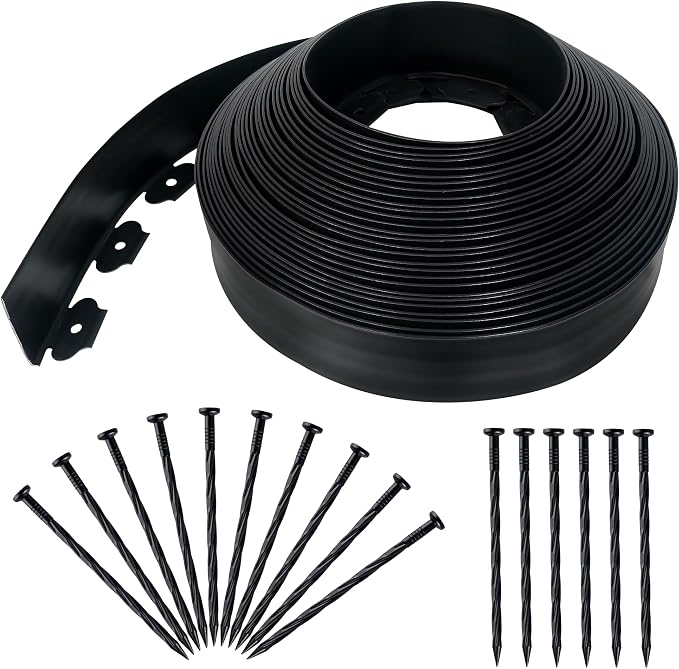 Quibbay 3.15" x 100' Landscape Edging, Flexible Garden Edging Borders with 150 Anchoring Spikes, Plastic Lawn Edging for Landscaping Garden Flower Beds Grass Yard Paver Pathway, Black