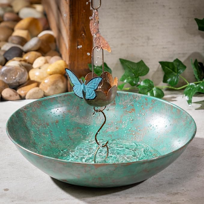 Evergreen Garden 14" Rain Chains Basin, Display Dish w/Chain for Roof Gutter Downspout, Decorative Bowl Catch Rain Chain Basin for Garden & Patio (Green Verdigr)