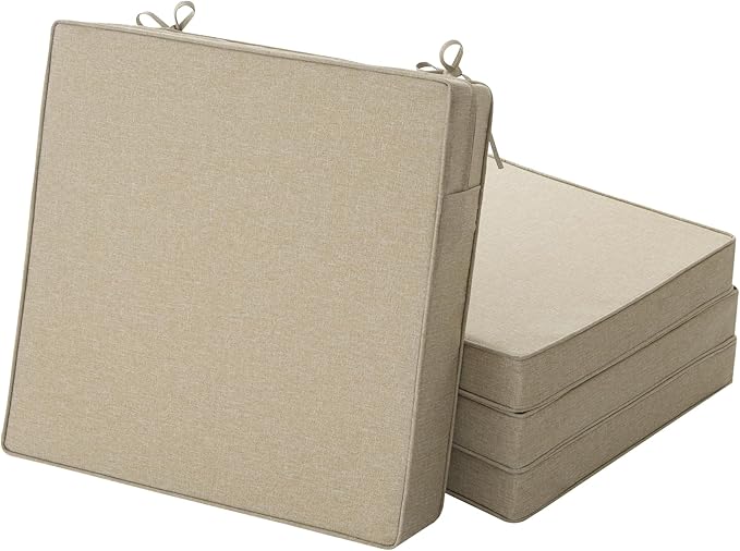 Outdoor Chair Cushions, Water-Resistant & Fade-Resistant, Patio Furniture Square Seat Replacement Chair Pads with Ties, Removable Cover, Non-Slip Bottom, Set of 4, 20 x 20 Inch, Natural
