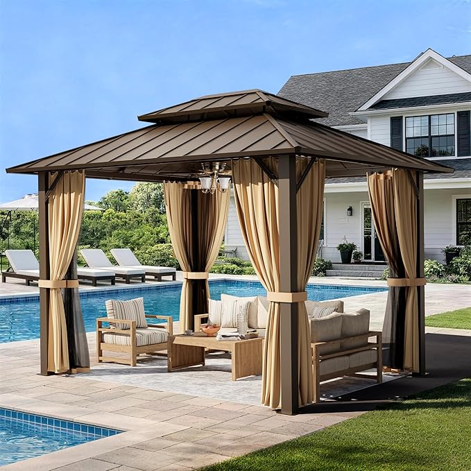 PAMAPIC 10x12FT Hardtop Gazebo,Galvanized Steel Double Roof Gazebo,Outdoor Permanent Pavilion with Breathable Netting & Privacy Curtain for Patio,Backyard,Deck,Lawn,Brown