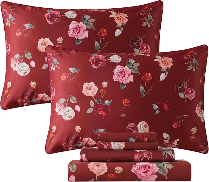 FADFAY Red Rose Sheets Twin XL Vintage Rose Floral Bedding Chic Rose Flower Sheets Shabby Farmhouse Bedding 100% Egyptian Cotton 800 Thread Count Deep Pocket Fitted Sheet 4Pcs, Twin XL for Dorm Room