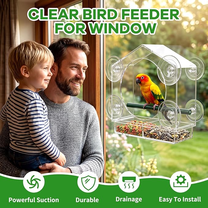 2PCS Window Bird Feeder with Strong Suction Cups, Bird Feeders for Outdoors, Clear Bird Feeder for Window, Outdoor Wild Bird Watching Gift for Women Mom Bird Lovers, Elderly Kids (1 Large+1 Small)