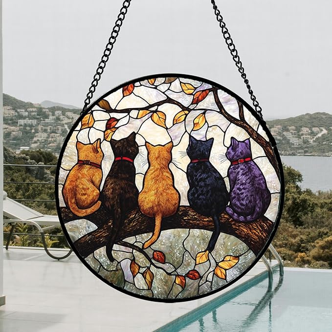 DASTOLL Stained Glass Window Hanging - 5 Cats on a Branch Suncatcher for Window Doors Home Decoration and Christmas, Mother's Day Father's Day Birthday Gifts for Women, Men, and Mom 14.9x14.9 in