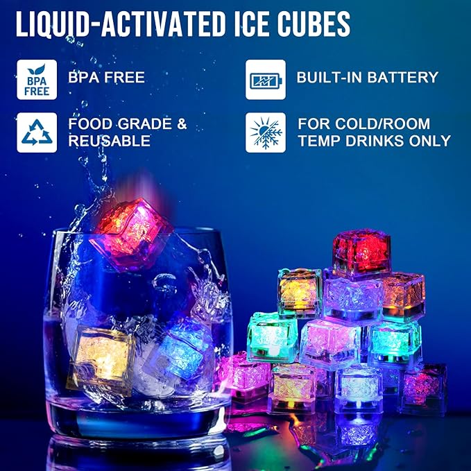 Nonley Light Up Ice Cubes for Drinks, 12 Pack LED Ice Cubes Liquid Activated, Glow in The Dark Waterproof Ice Cubes for Home Bar Supplies Summer Party Wedding Decor