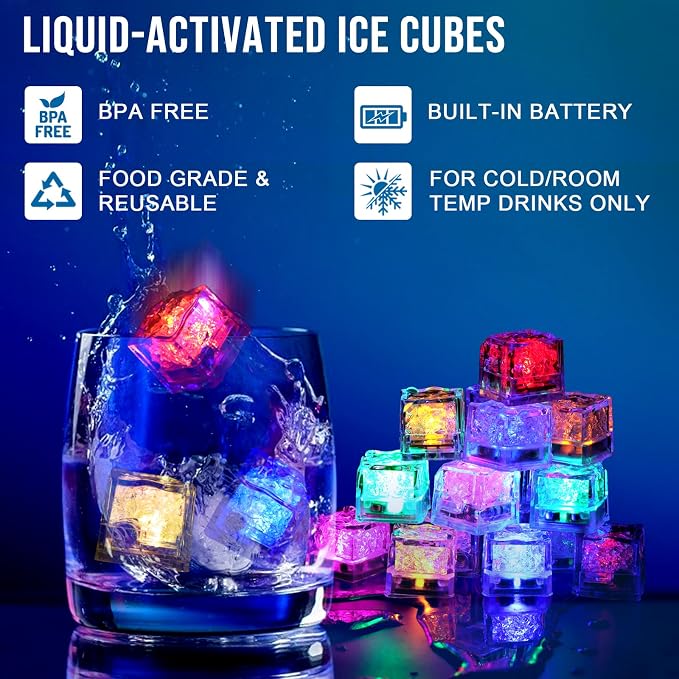 Light Up Ice Cubes, 96 PCS Multi Color Led Ice Cubes for Drinks with Changing Lights, Reusable Glowing Flashing Ice Cube for Club Bar Party Wedding Decor