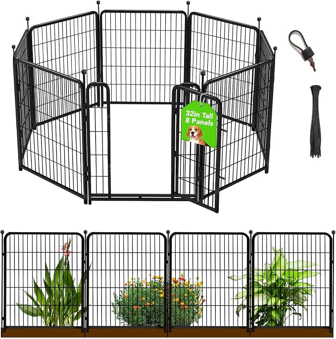 Getlay 32 in(H) Decorative Garden Fence with Gate, 8 Panels Total 17.7 Ft(L) Heavy Duty Iron Animal Barrier Fence for Yard,Suitable for Indoor Pet Or Outdoor Dog Fencing, Garden Border Fence