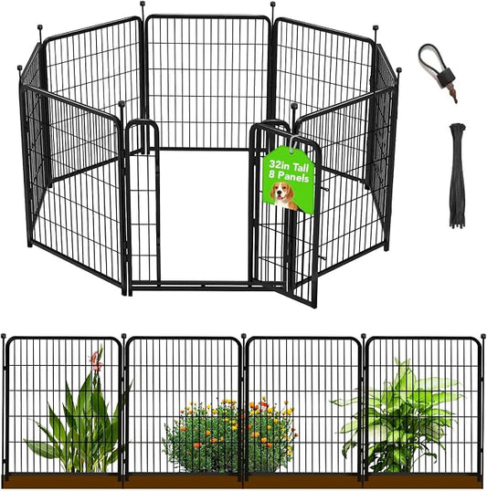 Getlay 32 in(H) Decorative Garden Fence with Gate, 8 Panels Total 17.7 Ft(L) Heavy Duty Iron Animal Barrier Fence for Yard,Suitable for Indoor Pet Or Outdoor Dog Fencing, Garden Border Fence