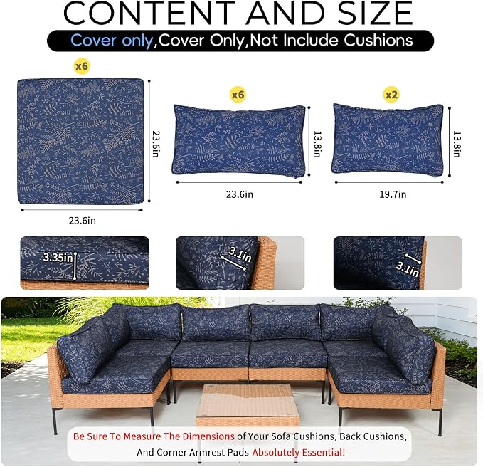 14 Piece Outdoor Patio Cushion Covers Replacement Waterproof with Zipper for 6-Seater Sectional Couch Chair Patio Furniture Conversation Sofa Seat Cushions Slipcovers Set, Only Cover