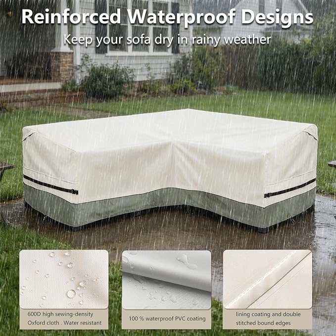 okcool Outdoor Sectional Cover,V-Shaped Patio Furniture Covers for 7-Seater Outdoor Sectional Furniture Couch（105''X105''）,White&Grayish Green