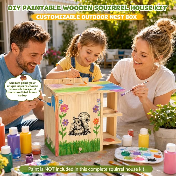 Large Widened Squirrel House for Outside, Waterproof Squirrel Nesting Box | External Platform & Porch, Anti-Predator Squirrel Box for Backyard, Solid Pine Wood, Easy to Assemble, DIY, 16×14.5×8 Inch