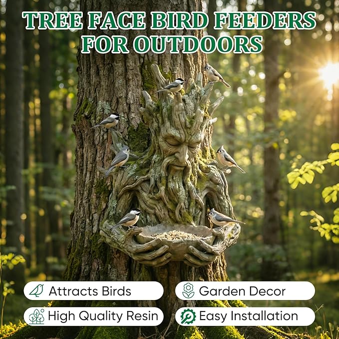 The Quiet Offering A Tree-Integrated Bird Feeding Sculpture, Outdoor Millennial Ancient Tree Bird Feeder, with Hidden Keyhole Hanger,Tree Faces Decor,Yard