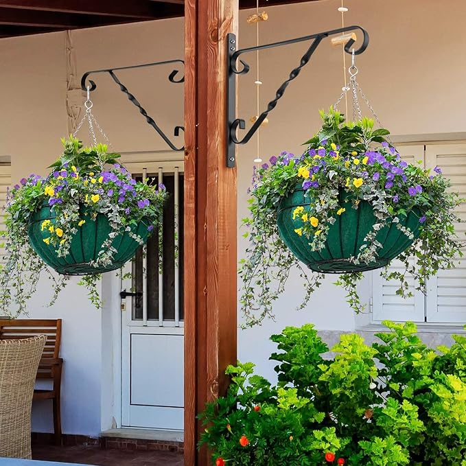 AMAGABELI GARDEN & HOME 2 Pack Hanging Plant Brackets Outdoor 14" Metal Fence Wall Plant Hanger Hooks for Hanging Flower Bird Feeders Lanterns Wind Chimes Rust-Resistant Black