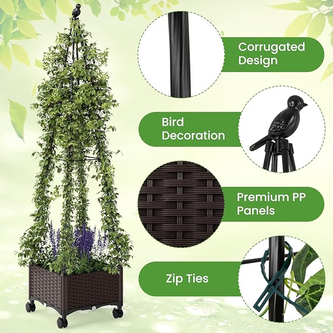 HAPPYGRILL 71" Garden Trellis for Climbing Plants, Self-Watering Raised Garden Bed w/Obelisk Trellis, Lockable Wheels, Adjustable Height, Indoor Outdoor Vertical Planter Box for Flower, Vine (1)