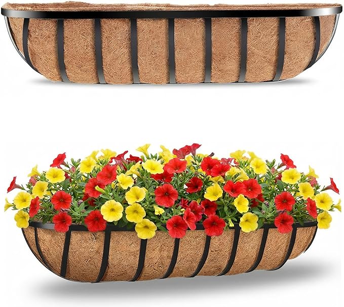 30 Inch 2 PCS Window Box Deck Railing Planter with Coco Liners, Hanging Flower Planters Black Metal Baskets for Indoor Outdoor, Balcony, Porch, Fence, Lawn and Patio