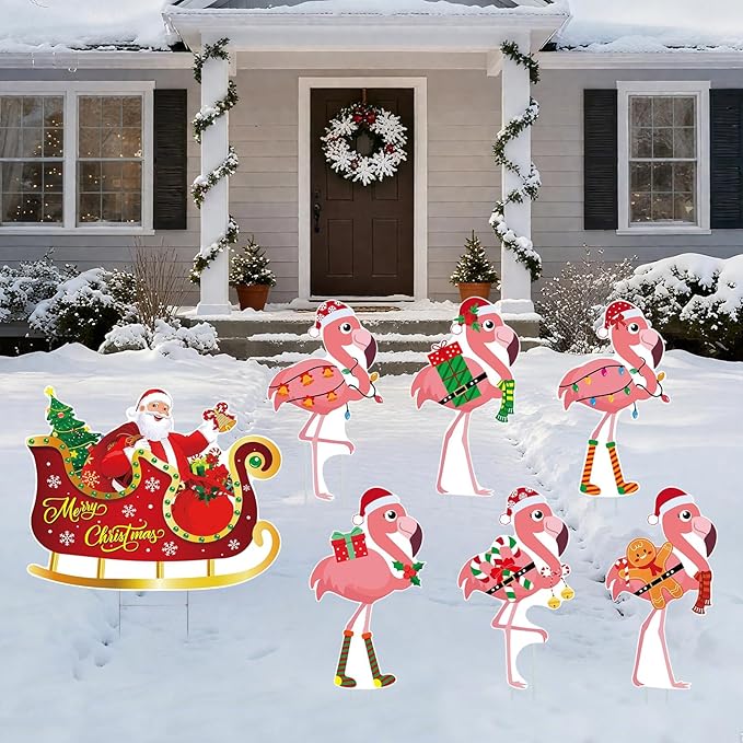 7pcs Christmas In July Flamingo Yard Sign with Stakes Waterproof Outdoor Lawn Garden Holiday Decoration for Patio Front Yard Pool Party Beach Seasonal Festive Decor Eye Catching Flamingo Sign