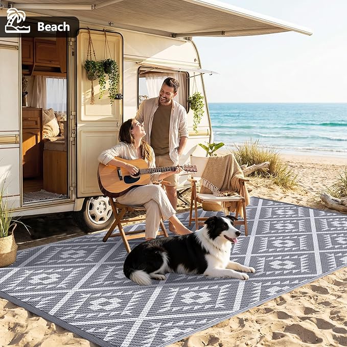 COOLTOP 9'x12’ Outdoor Rug for Patios Porches, Waterproof Plastic Camping Rugs, Modern Reversible Mat, Large Area Rugs for Backyard, Deck, RV, Balcony, Picnic, Beach, Grey & White
