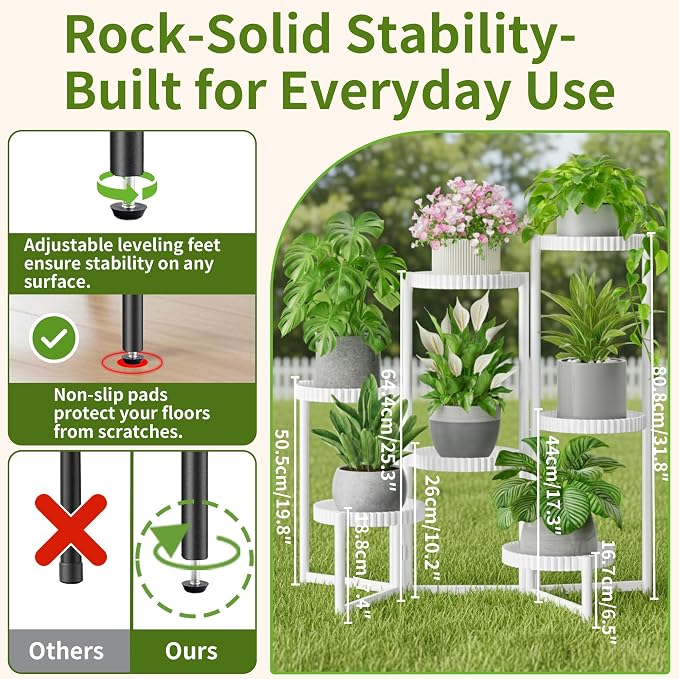 7 Tier Large Plant Stand Indoor, 7.9 Inch Wide Tall Corner Metal Plant Stands Outdoor for Multiple Plants, Folable Tiered Flower Display Holder Rack Shelf for House Patio Garden - WhiteFloroma