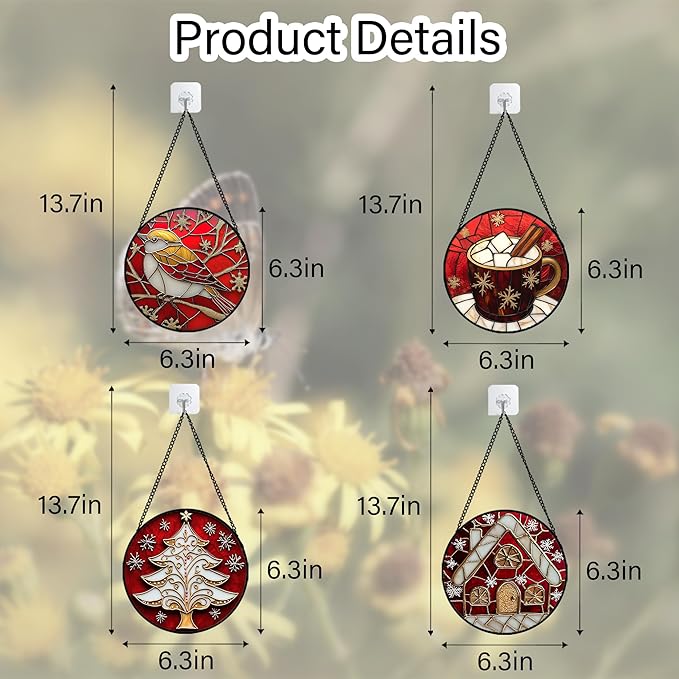 DASTOLL Stained Glass Window Hanging 4 Pcs Set Red Christmas Themed Decorations 6.3" - Suncatcher Door Garden Sun Catcher Decor Birthday New Year for Mom Woman Nana Men