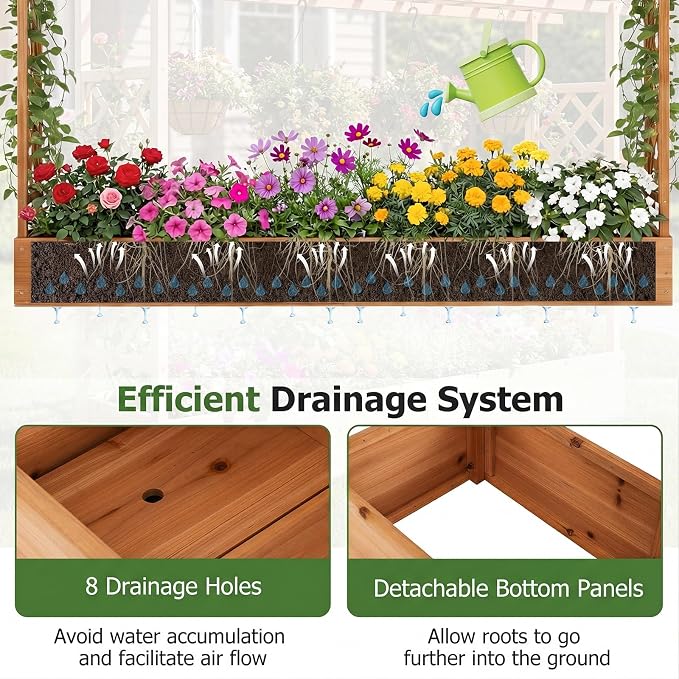 HAPPYGRILL Raised Garden Bed with Trellis, Freestanding 45" Wood Planter Box w/Hanging Roof & 8 Drainage Holes for Vine Climbing Plants Flowers, Outdoor Wood Elevated Garden Bed for Patio Yard, Orange