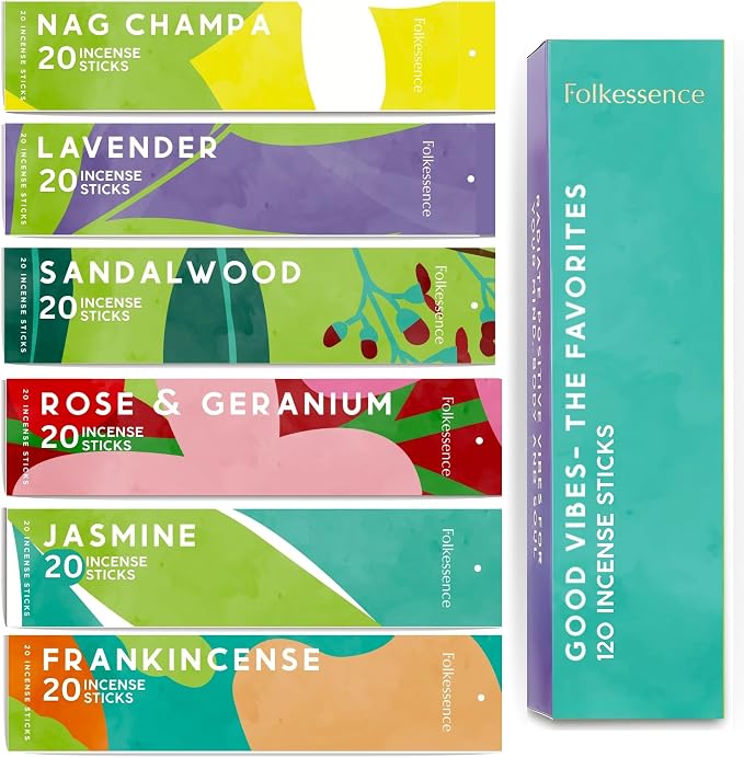 Folkulture Incense Sticks (120 Sticks) | Set of 6 Premium Incense For Meditation, Aromatherapy | No Charcoal,Organic, Non Toxic, 45 Mins, Long Burning Lavender, Frankincense, Nag Champa Insence-Sticks