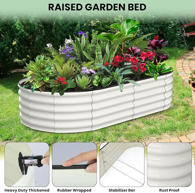 GarveeLife 2 Pcs 6x3x1 ft Oval Raised Garden Bed, Galvanized Raised Beds,Open-Ended Base Metal Raised Planter Beds,Garden Bed Outdoor,Planter Raised Boxes for Vegetables, Flowers,Tool-Free Asse,White